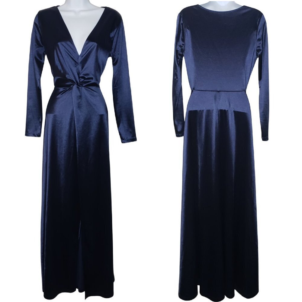 Windsor Sz S Navy Satin V-neck Floor Length Gown, Center Split (1044)